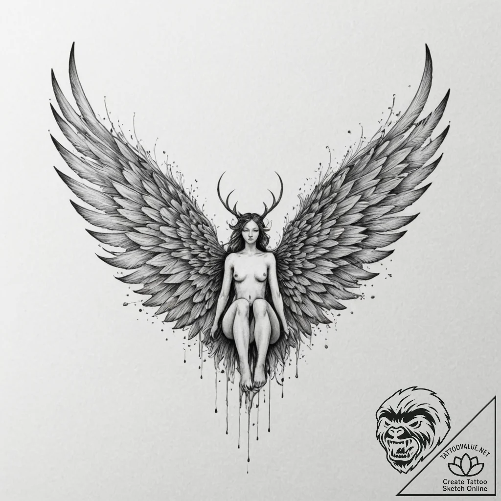 Nymph wings tearing through mist, tattoo line... - tattoo sketch (№1753381849_0, 24.07.2025 18:30) — tattoovalue.net