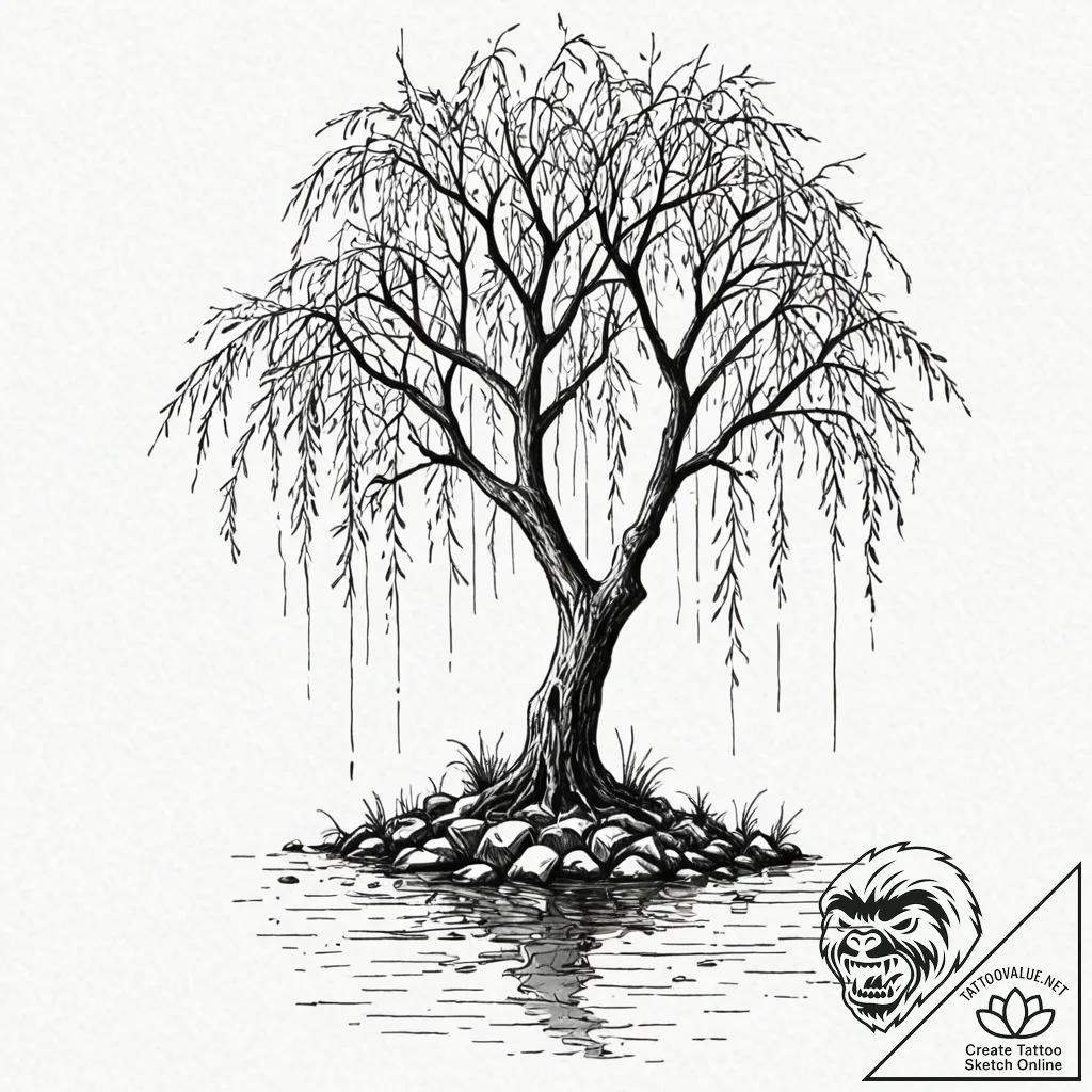 Weeping willow tree, its branches gently touc... - tattoo sketch (№1753382908_0, 24.07.2025 18:48) — tattoovalue.net