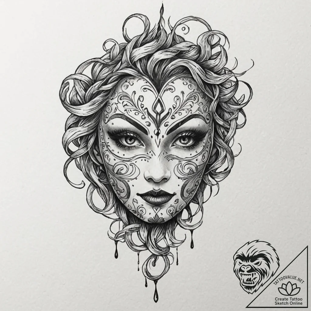 Blood mask floating in darkness, tattoo line... - tattoo sketch (№1753383307_0, 24.07.2025 18:55) — tattoovalue.net