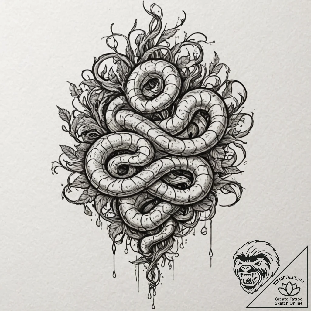 Ashen serpent entangled in roots, tattoo line... - tattoo sketch (№1753383716_0, 24.07.2025 19:01) — tattoovalue.net
