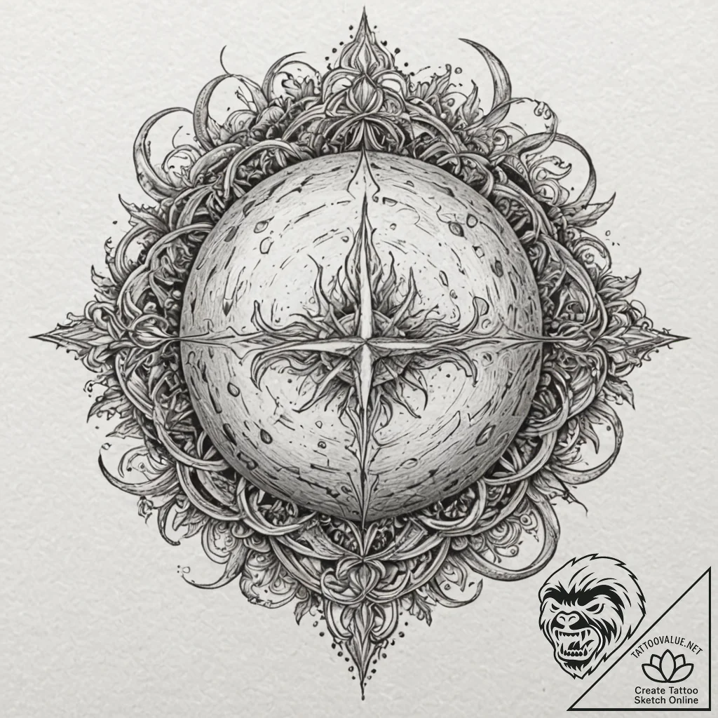 Orb devouring celestial flame, tattoo line ar... - tattoo sketch (№1753384955_0, 24.07.2025 19:22) — tattoovalue.net