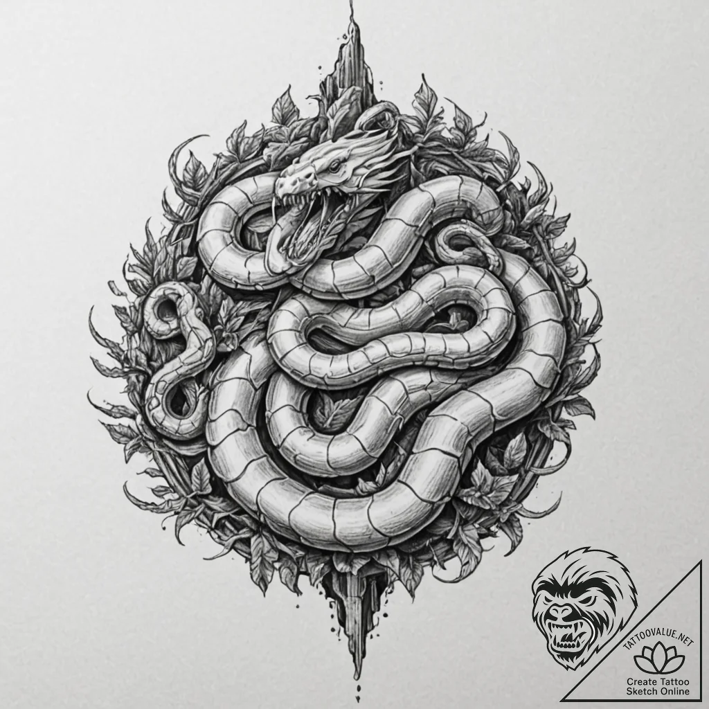 Bone serpent asleep in ruins, tattoo sketch d... - tattoo sketch (№1753385367_0, 24.07.2025 19:29) — tattoovalue.net