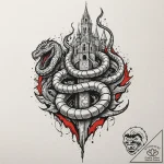 Graven serpent through shattered spire, tatto… – tattoo sketch (№1753385785_0, 24.07.2025 19:36) — tattoovalue.net