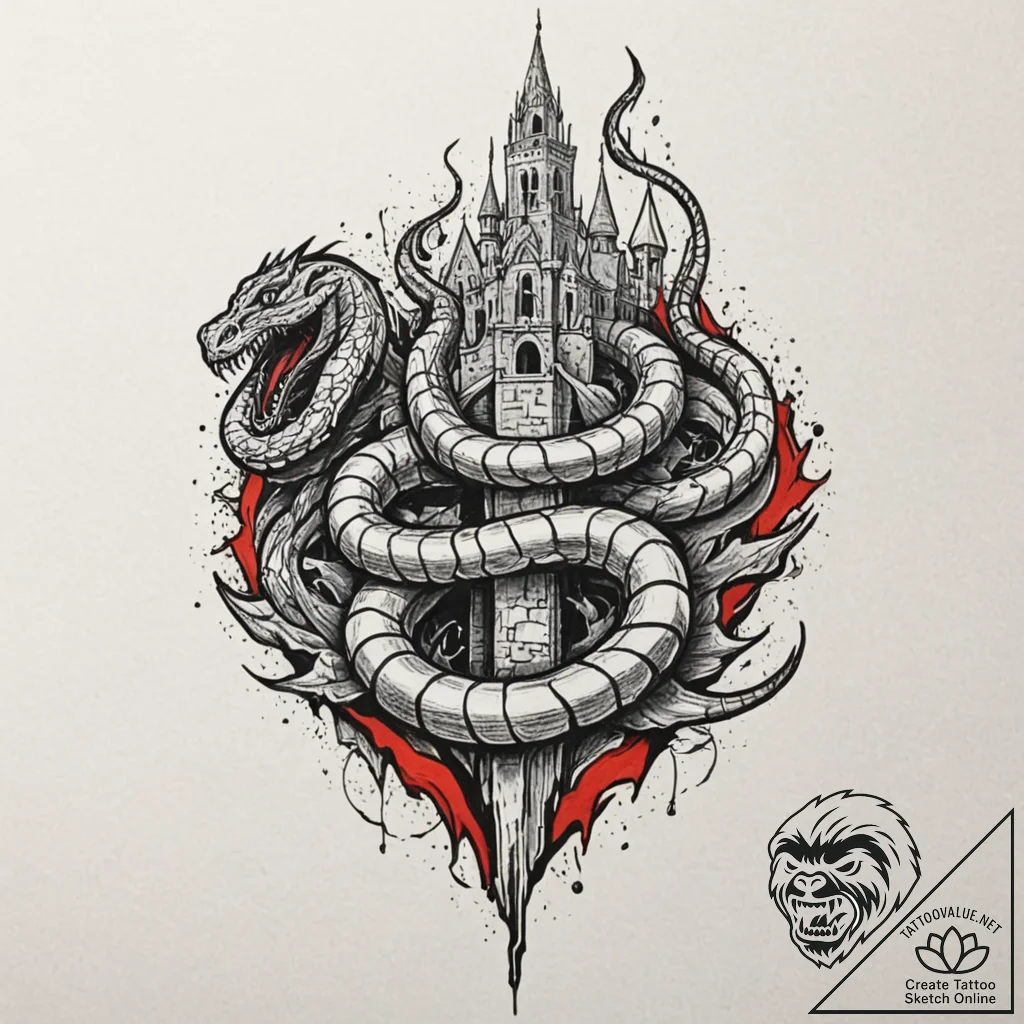 Graven serpent through shattered spire, tatto... - tattoo sketch (№1753385785_0, 24.07.2025 19:36) — tattoovalue.net