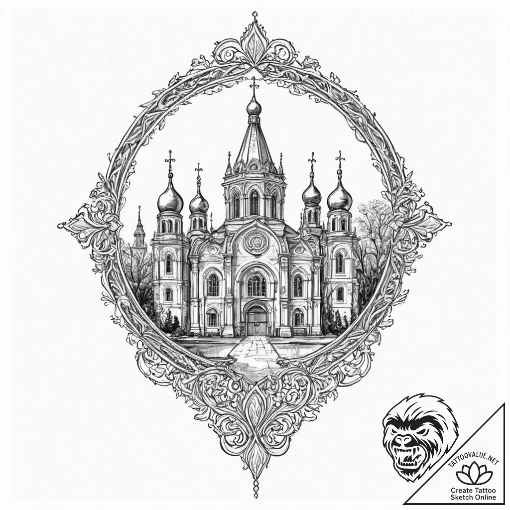 Russian prison-style tattoo of a cathedral, b... - tattoo sketch (№1753386820_0, 24.07.2025 19:53) — tattoovalue.net