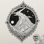 Ice banner beneath celestial storm, ink illus… – tattoo sketch (№1753387040_0, 24.07.2025 19:57) — tattoovalue.net