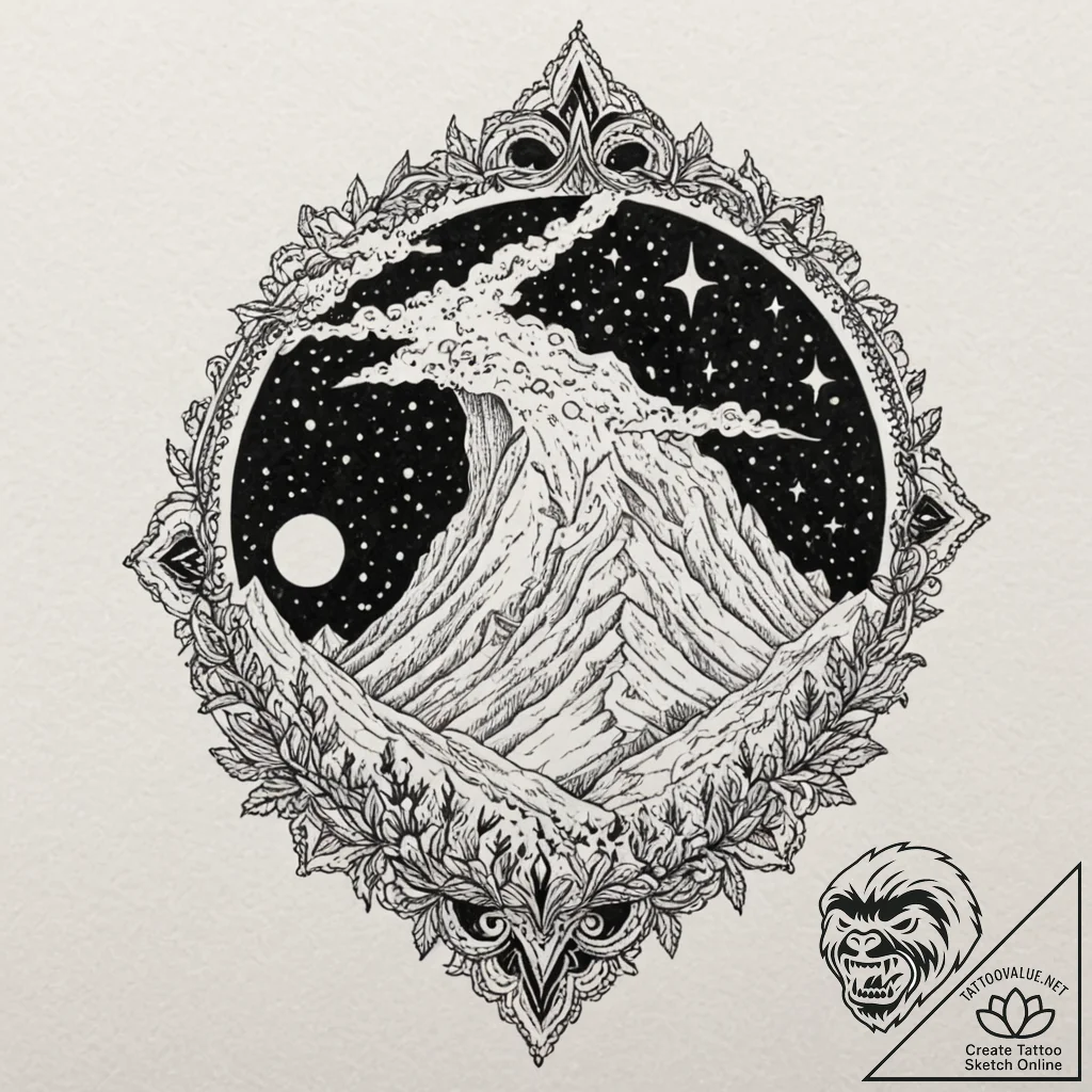 Ice banner beneath celestial storm, ink illus... - tattoo sketch (№1753387040_0, 24.07.2025 19:57) — tattoovalue.net