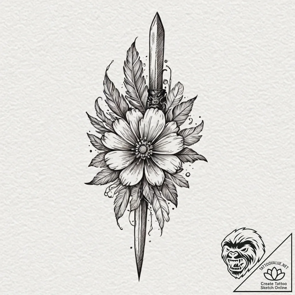 Feathered dagger through bone flower, concept... - tattoo sketch (№1753387454_0, 24.07.2025 20:04) — tattoovalue.net