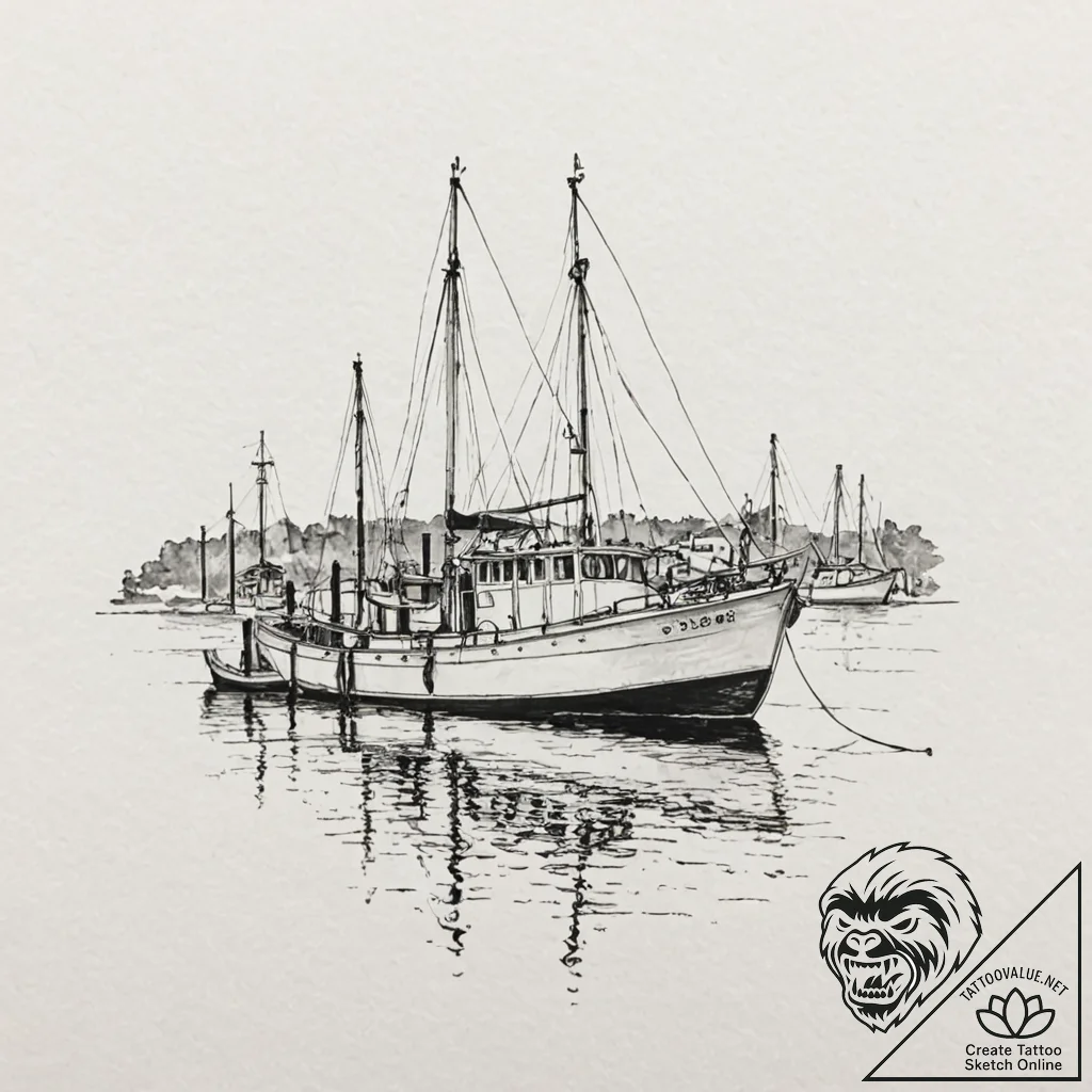 A sleek boat tied to a dock, harbor scene,, c... - tattoo sketch (№1753387889_0, 24.07.2025 20:11) — tattoovalue.net