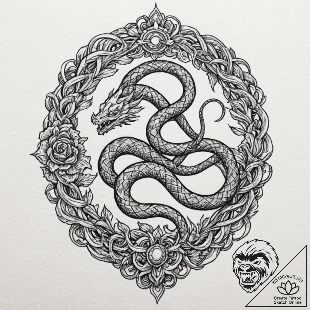 Abyssal serpent coiled on broken altar, tatto... - tattoo sketch (№1753388091_0, 24.07.2025 20:14) — tattoovalue.net