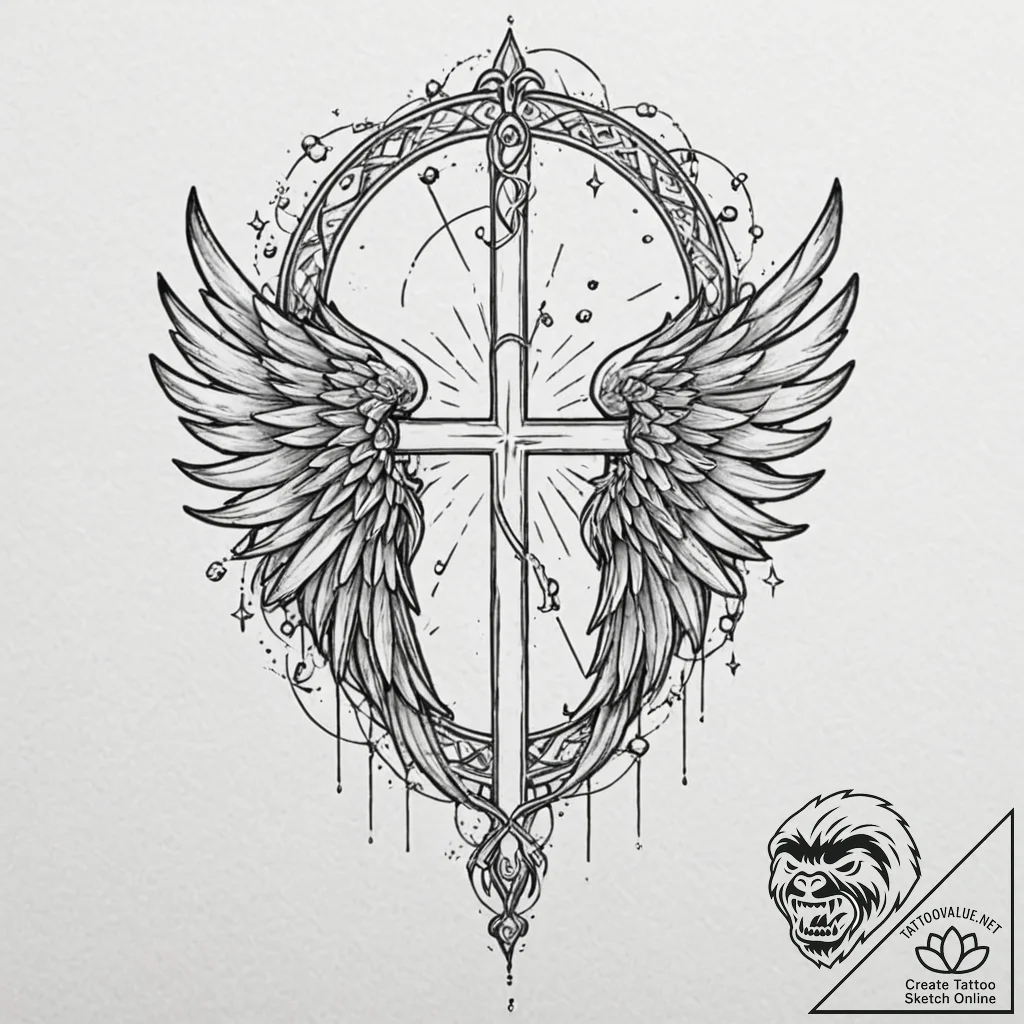 Graven wings beneath celestial gate, concept... - tattoo sketch (№1753388908_0, 24.07.2025 20:28) — tattoovalue.net
