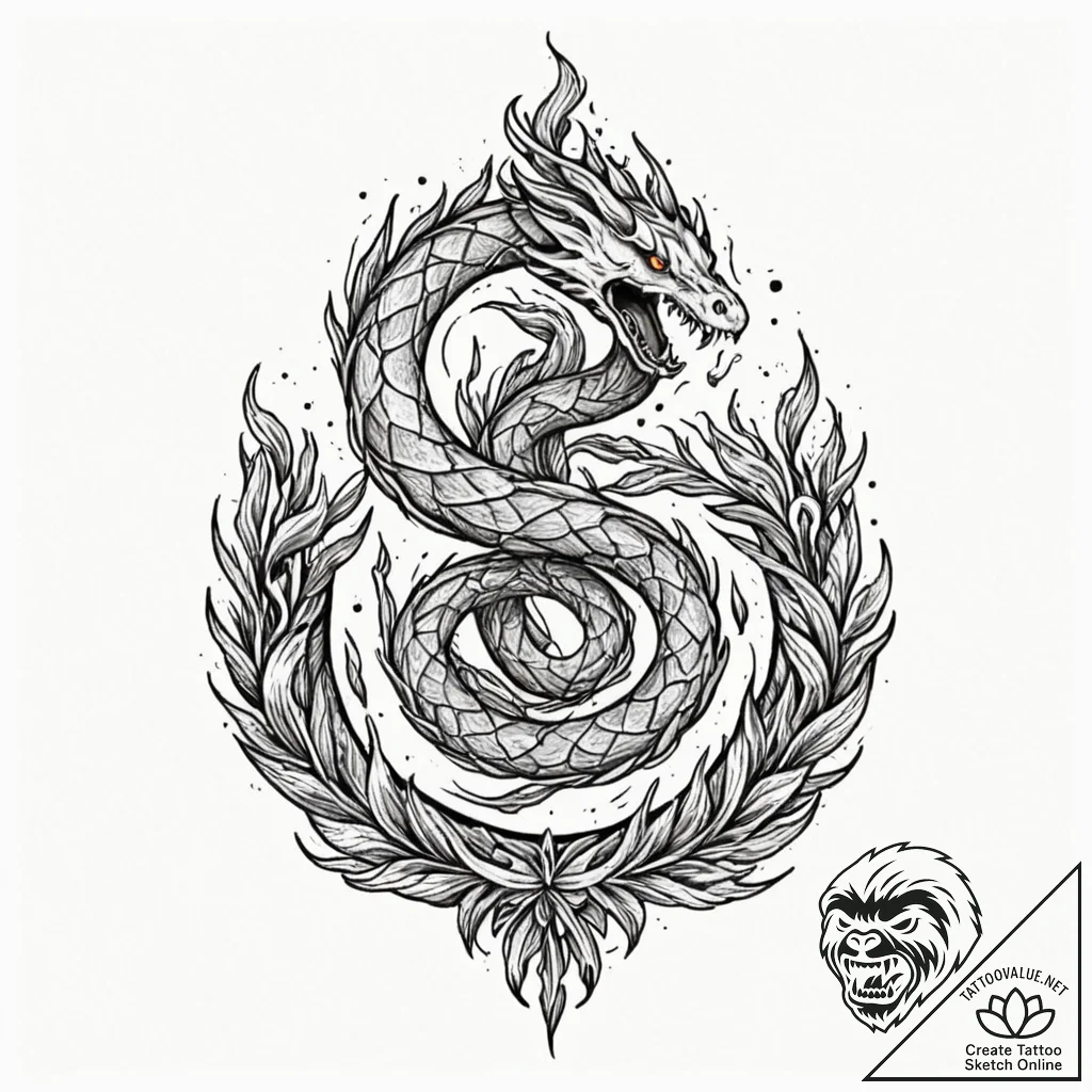 Haunted serpent devouring celestial flame, co... - tattoo sketch (№1753389125_0, 24.07.2025 20:32) — tattoovalue.net