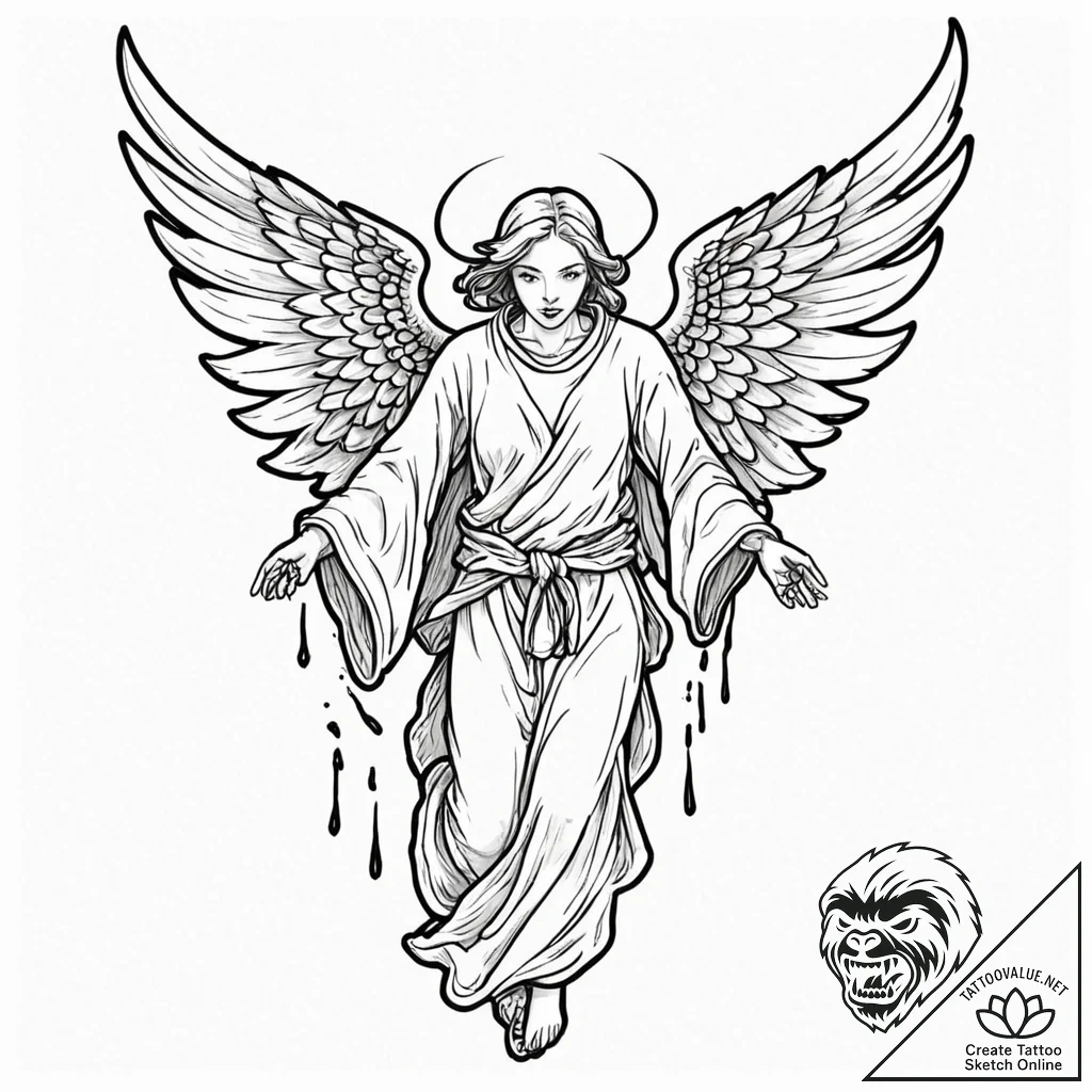 Abyssal angel with torn robes, ink illustrati... - tattoo sketch (№1753389326_0, 24.07.2025 20:35) — tattoovalue.net