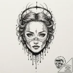 Broken halo above bleeding mask, ink illustra… – tattoo sketch (№1753389948_0, 24.07.2025 20:45) — tattoovalue.net