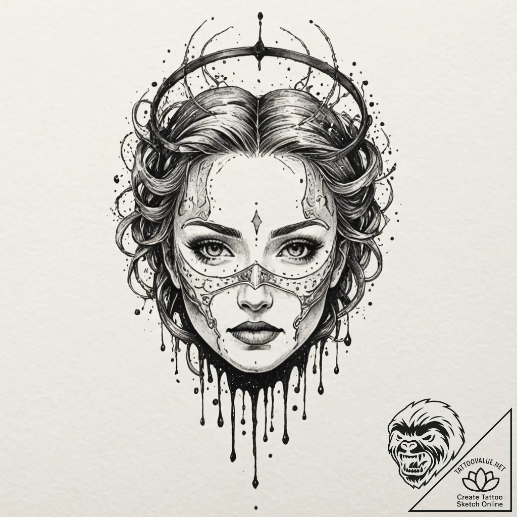 Broken halo above bleeding mask, ink illustra... - tattoo sketch (№1753389948_0, 24.07.2025 20:45) — tattoovalue.net