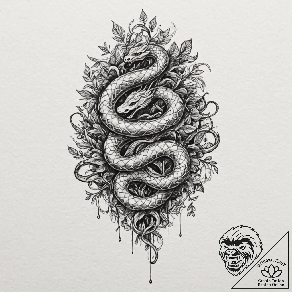 Jungle serpent crowned with roots, tattoo dra... - tattoo sketch (№1753391201_0, 24.07.2025 21:06) — tattoovalue.net