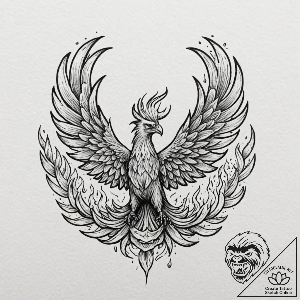 Phoenix scales beneath burning sky, ink illus... - tattoo sketch (№1753392227_0, 24.07.2025 21:23) — tattoovalue.net