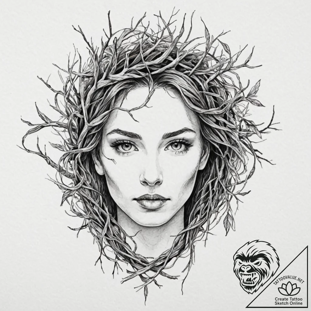 A human face made from interwoven tree branch... - tattoo sketch (№1753392442_0, 24.07.2025 21:27) — tattoovalue.net