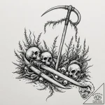 Scythe, cold and sharp, resting on a pile of… – tattoo sketch (№1753393689_0, 24.07.2025 21:48) — tattoovalue.net