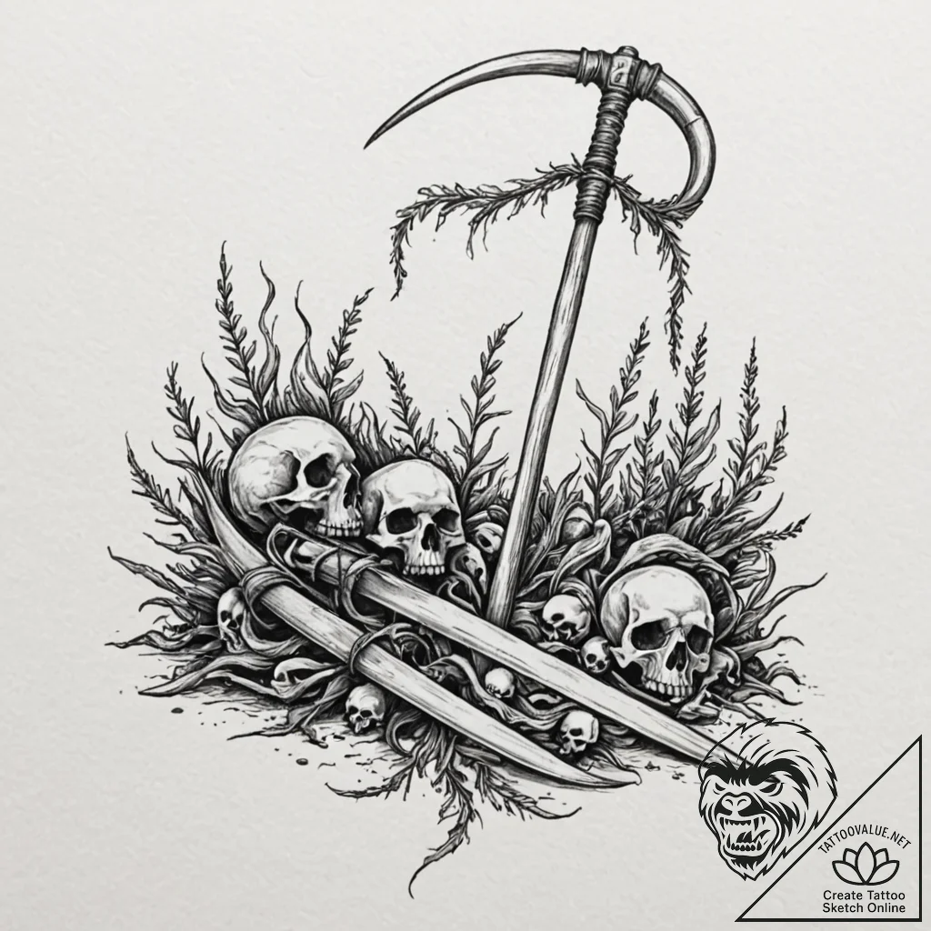 Scythe, cold and sharp, resting on a pile of... - tattoo sketch (№1753393689_0, 24.07.2025 21:48) — tattoovalue.net