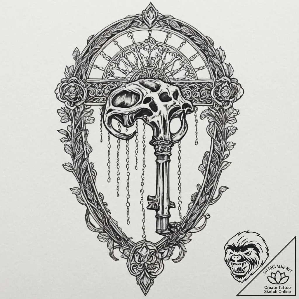 Quartz key unlocking bone cage, tattoo line a... - tattoo sketch (№1753395684_0, 24.07.2025 22:21) — tattoovalue.net