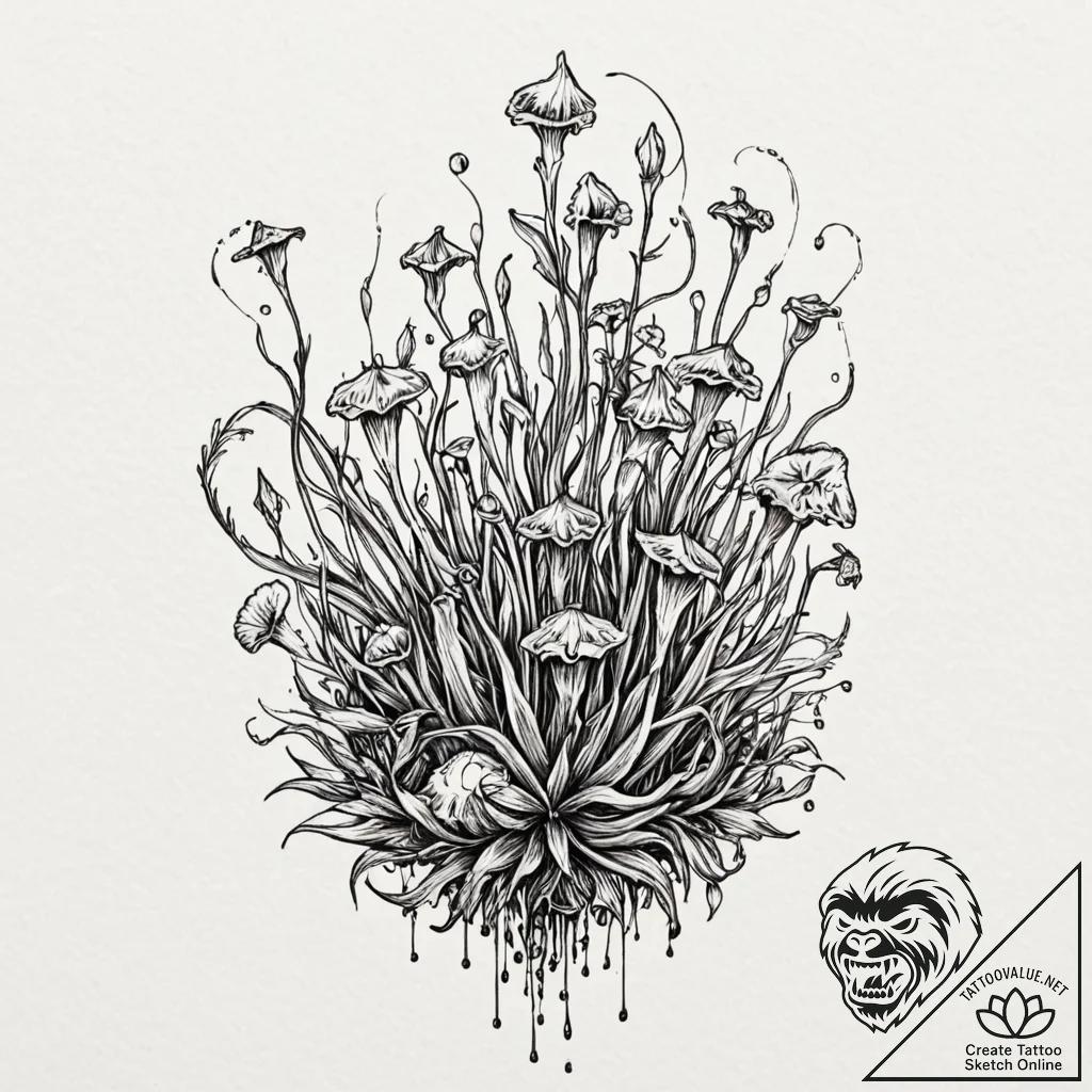 Carnivorous plant with dewdrops like tiny sku... - tattoo sketch (№1753395887_0, 24.07.2025 22:24) — tattoovalue.net
