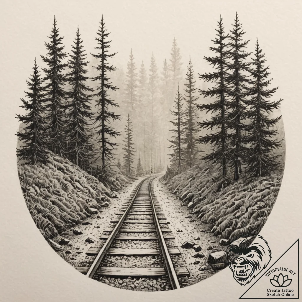An abandoned railway track disappearing into... - tattoo sketch (№1753397528_0, 24.07.2025 22:52) — tattoovalue.net