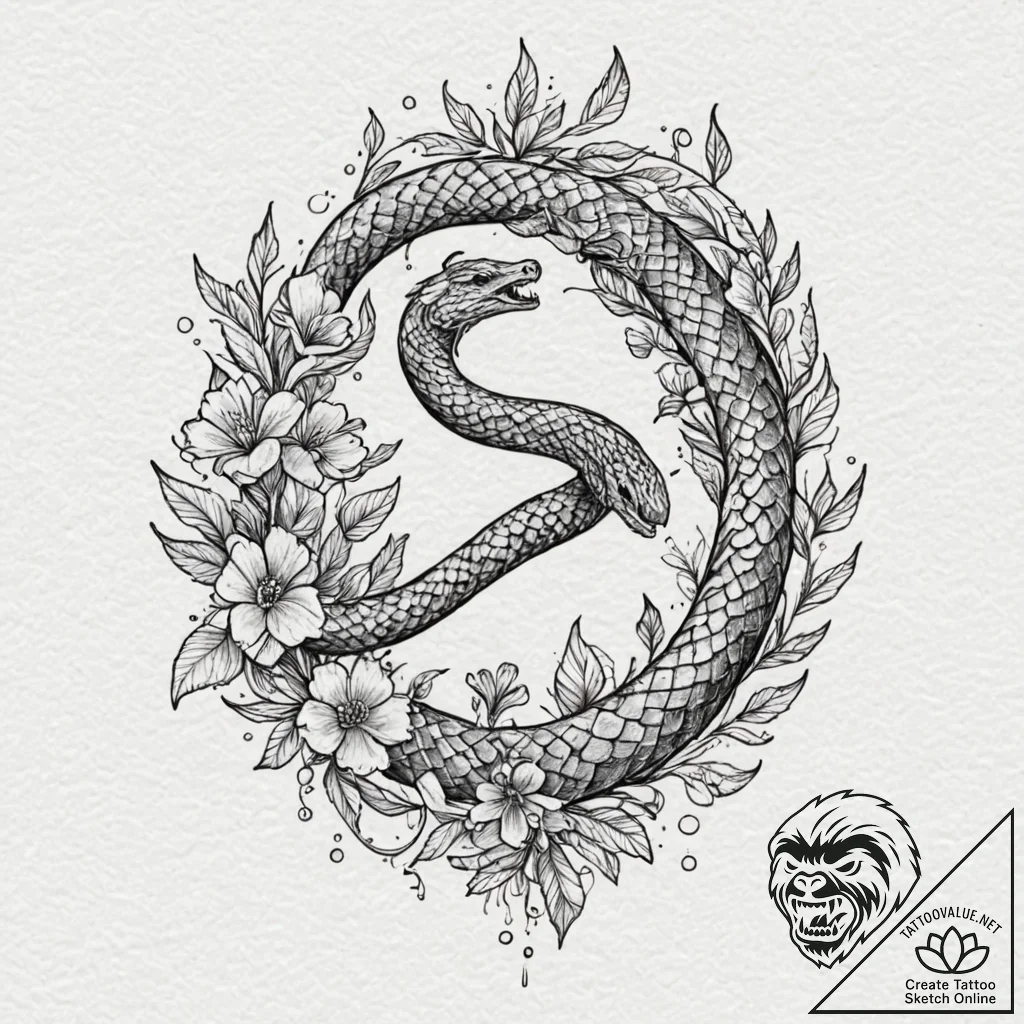 Ice serpent beneath celestial bloom, tattoo d... - tattoo sketch (№1753399384_0, 24.07.2025 23:23) — tattoovalue.net