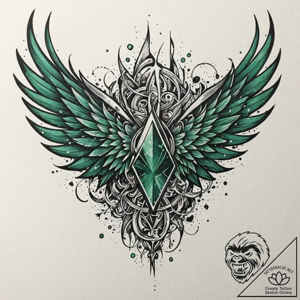 Emerald wings beneath shattered sky, tattoo f... - tattoo sketch (№1753400411_0, 24.07.2025 23:40) — tattoovalue.net