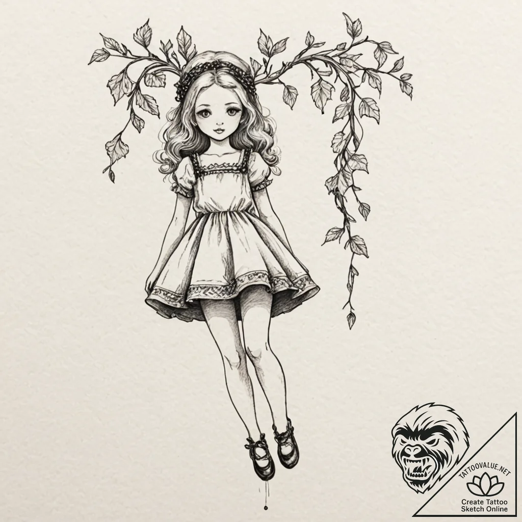 Porcelain doll hanging from vines, artistic t... - tattoo sketch (№1753400615_0, 24.07.2025 23:43) — tattoovalue.net