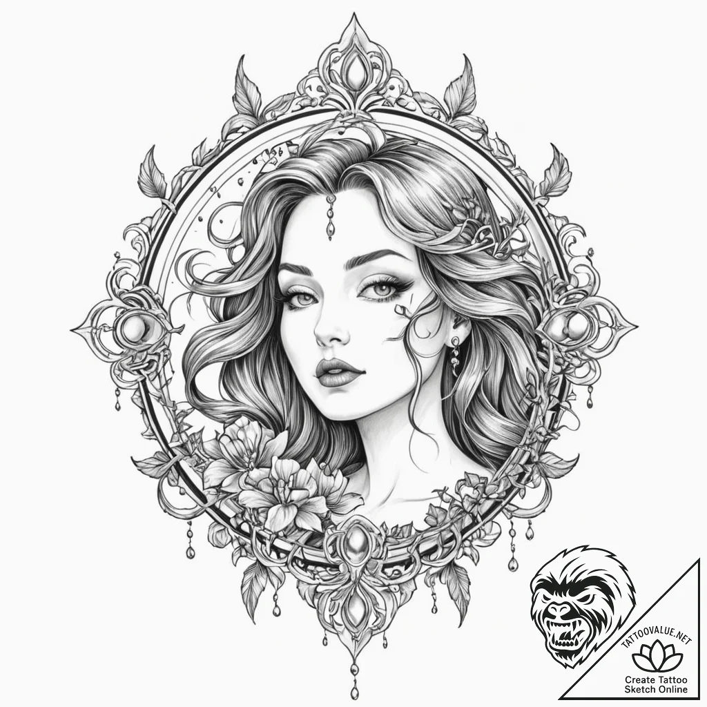 Witch mirror swallowing reflection, tattoo fl... - tattoo sketch (№1753401229_0, 24.07.2025 23:53) — tattoovalue.net