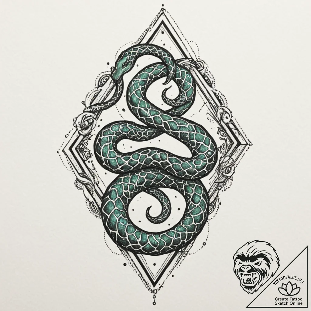 Emerald serpent in cosmic rift, tattoo flash... - tattoo sketch (№1753401433_0, 24.07.2025 23:57) — tattoovalue.net