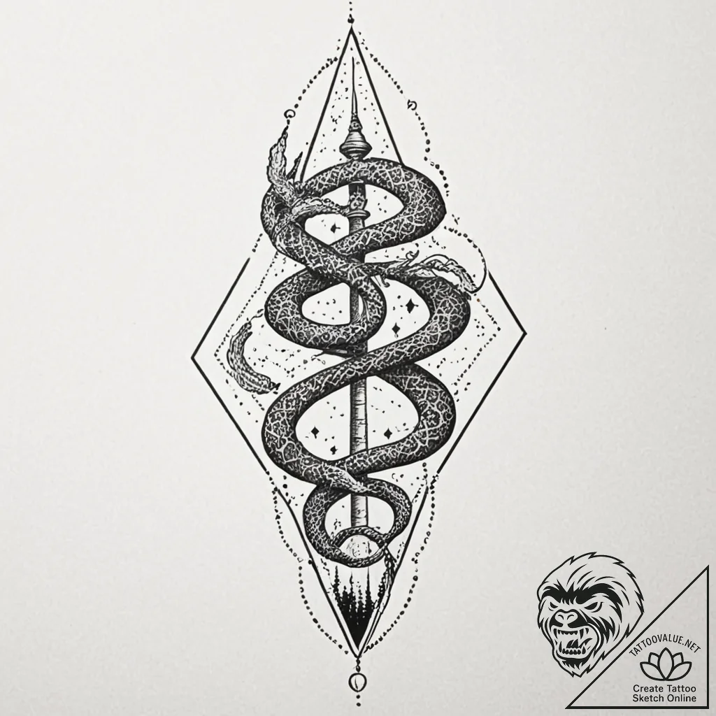 Hollow serpent beneath spectral spire, tattoo... - tattoo sketch (№1753403061_0, 25.07.2025 00:24) — tattoovalue.net