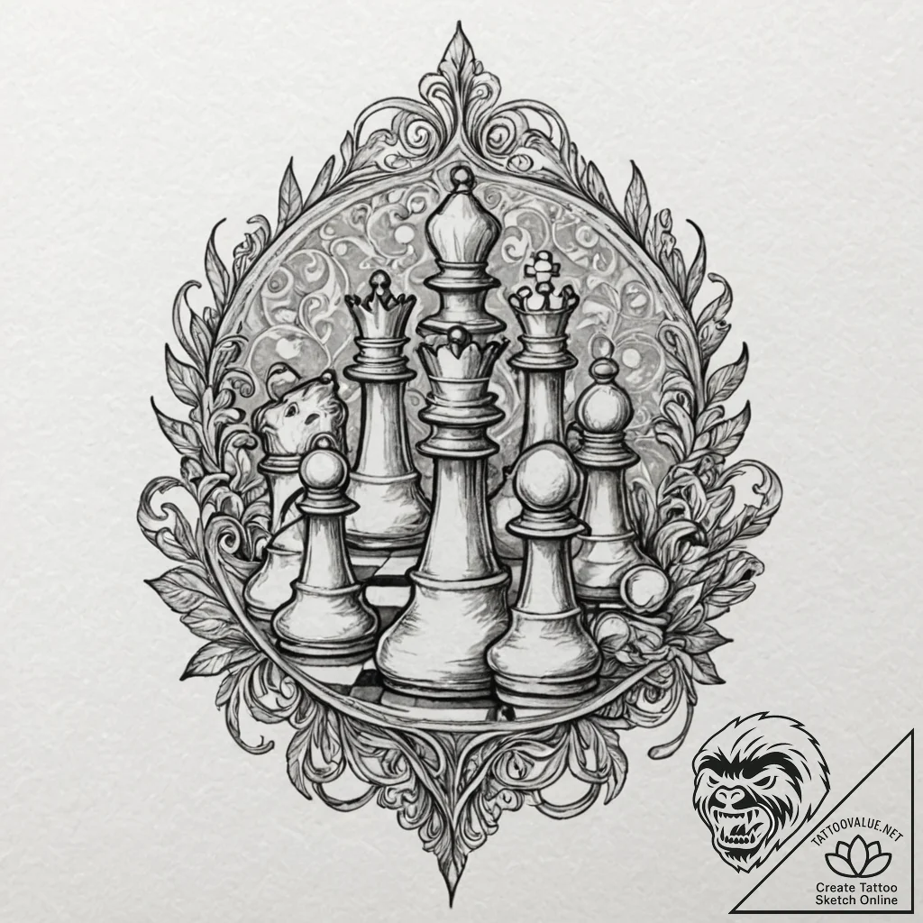Chess, tattoo sketch design, on a clean white... - tattoo sketch (№1753405464_0, 25.07.2025 01:04) — tattoovalue.net