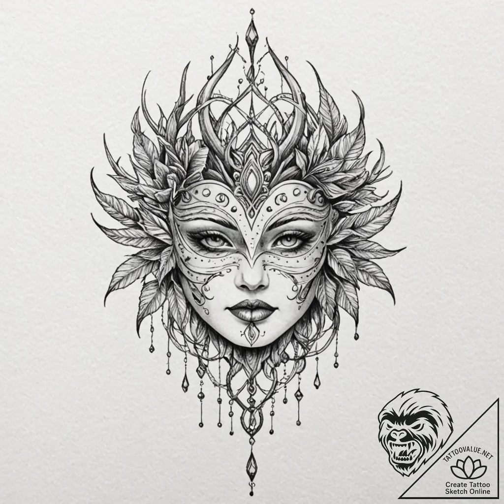 Ethereal mask beneath thorns, tattoo flash sh... - tattoo sketch (№1753405861_0, 25.07.2025 01:11) — tattoovalue.net