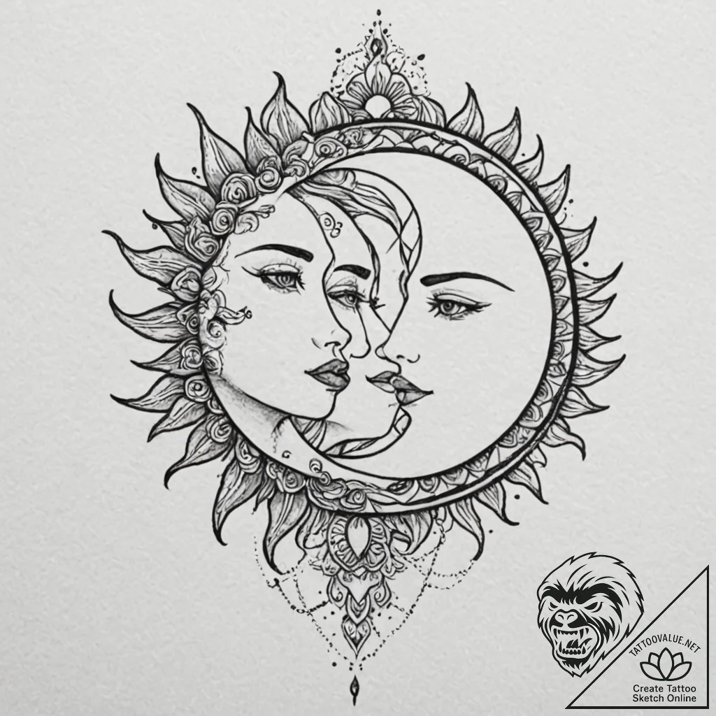 Stylized sun and moon in a lover's embrace, c... - tattoo sketch (№1753406060_0, 25.07.2025 01:14) — tattoovalue.net