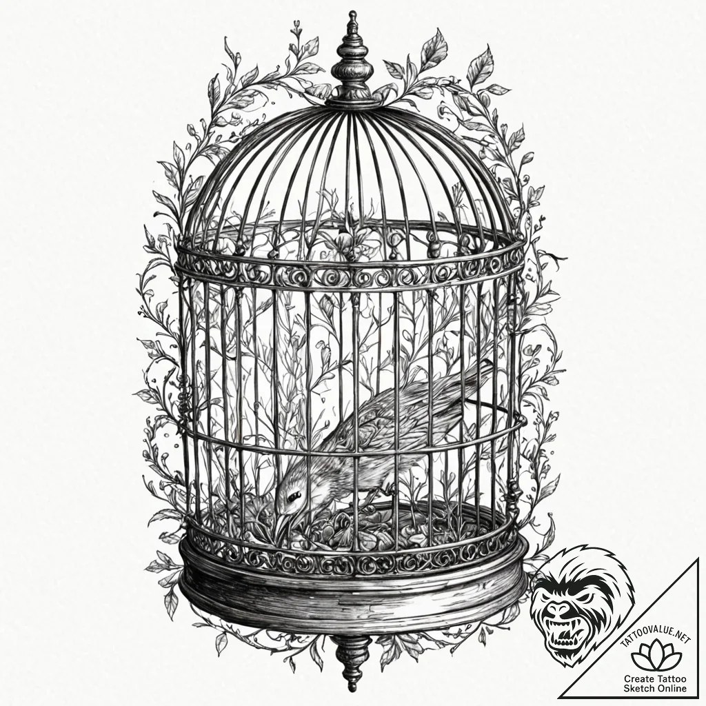 A whimsical bird in a cage, trapped,, tattoo... - tattoo sketch (№1753406458_0, 25.07.2025 01:20) — tattoovalue.net