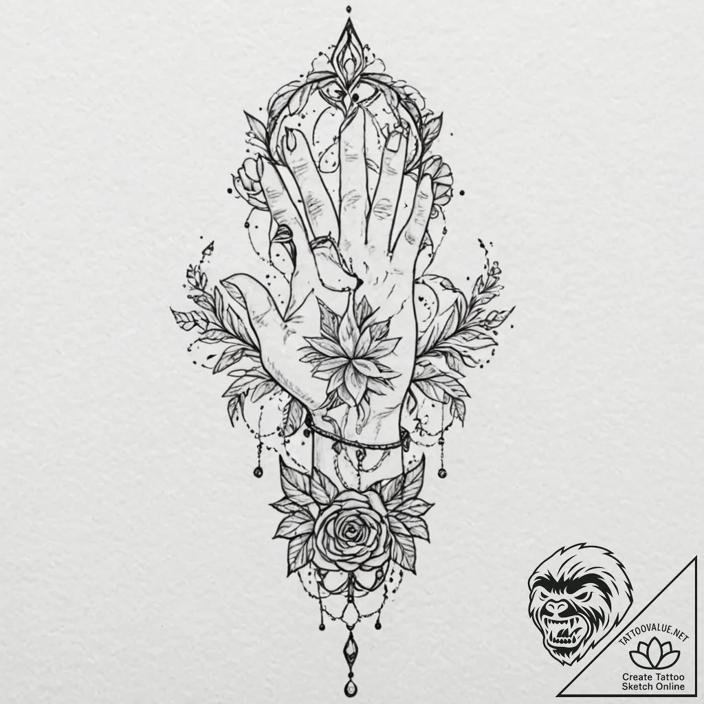 Delicate hand chains (hand harness) made of s... - tattoo sketch (№1753406856_0, 25.07.2025 01:27) — tattoovalue.net
