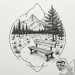 Bench in a quiet park, overlooking a serene l… – tattoo sketch (№1753407254_0, 25.07.2025 01:34) — tattoovalue.net