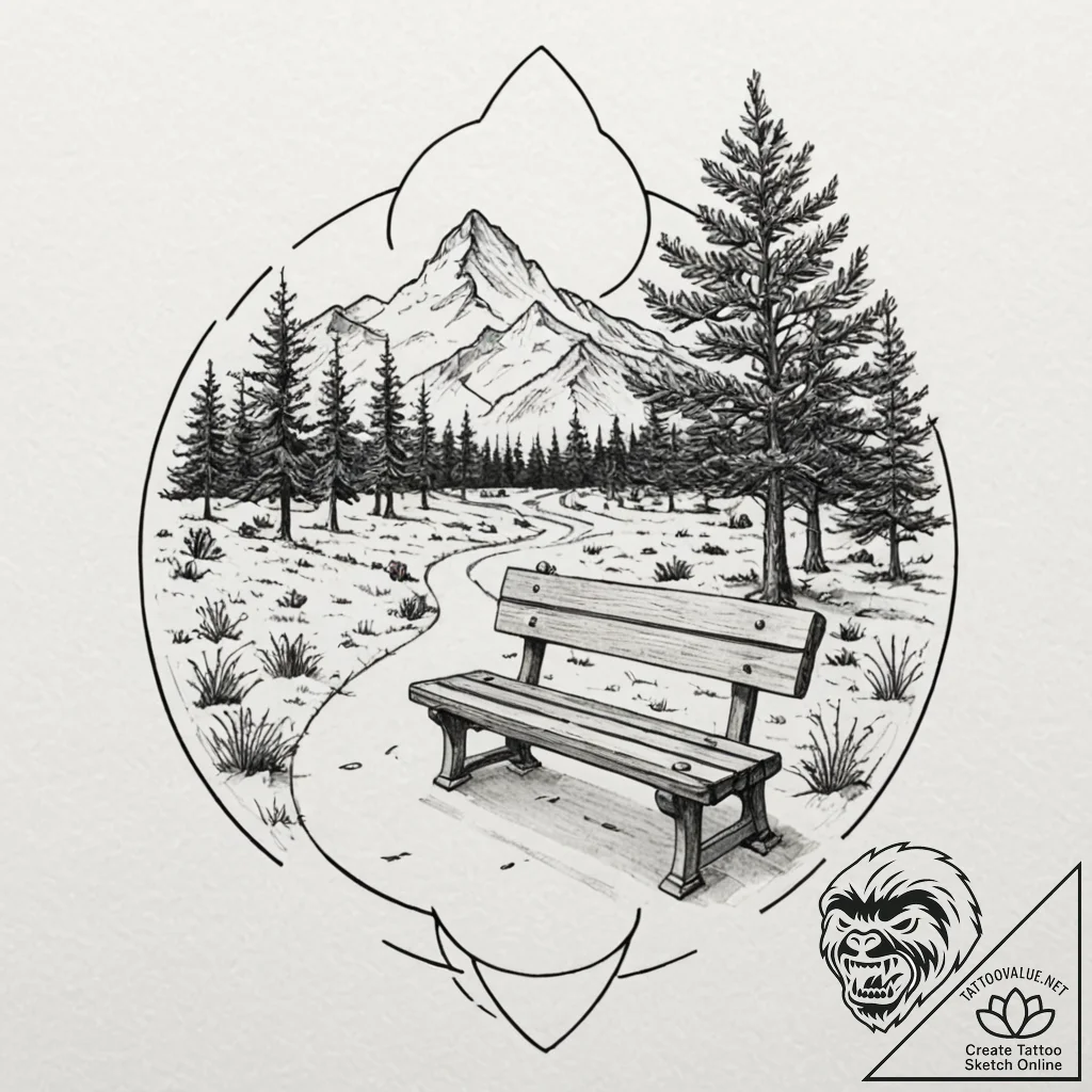 Bench in a quiet park, overlooking a serene l... - tattoo sketch (№1753407254_0, 25.07.2025 01:34) — tattoovalue.net