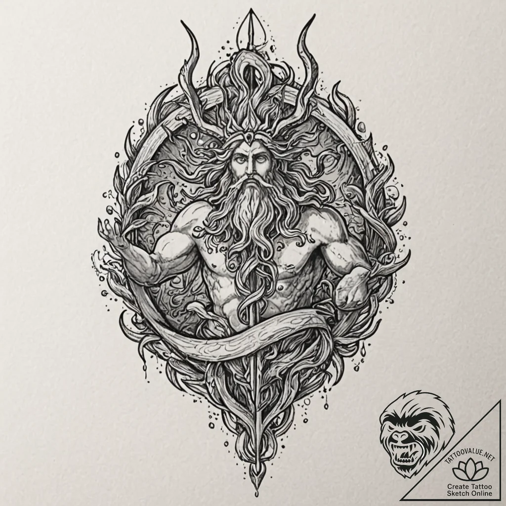 Neptune's trident emerging from a stormy sea,... - tattoo sketch (№1753407864_0, 25.07.2025 01:44) — tattoovalue.net
