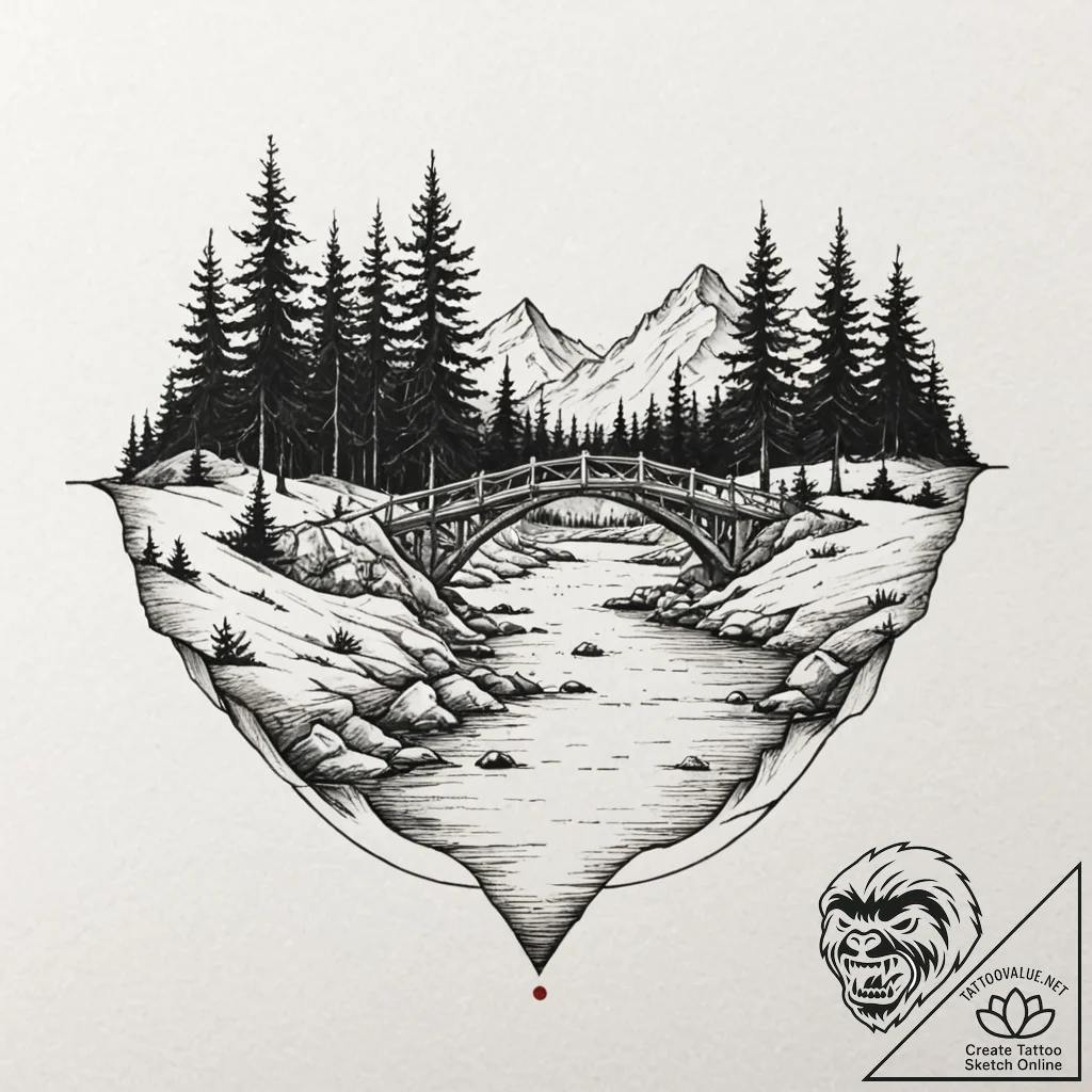 A peaceful bridge over a calm river, nature l... - tattoo sketch (№1753408270_0, 25.07.2025 01:51) — tattoovalue.net