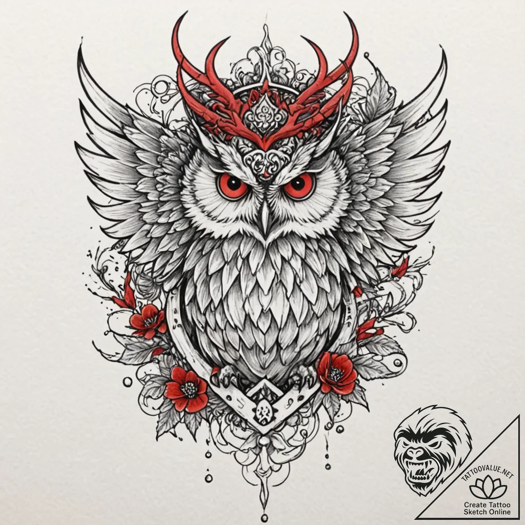 Owl wings crowned with thorns, ink illustrati... - tattoo sketch (№1753408679_0, 25.07.2025 01:57) — tattoovalue.net