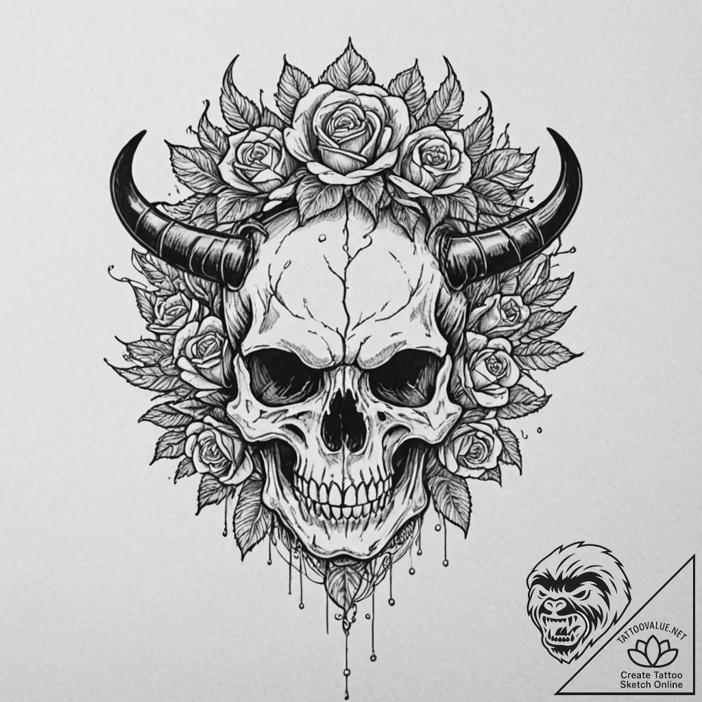 Horned skull of a demon, with a crown of blac... - tattoo sketch (№1753409088_0, 25.07.2025 02:04) — tattoovalue.net