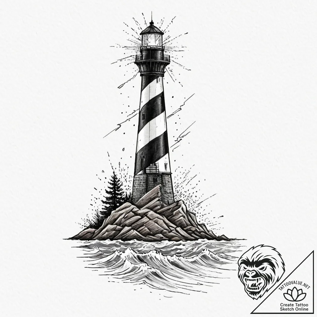 An abandoned lighthouse standing defiant agai... - tattoo sketch (№1753409292_0, 25.07.2025 02:08) — tattoovalue.net