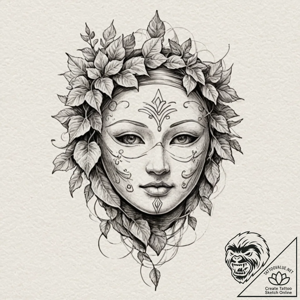 Stone mask veiled in ivy, tattoo line art, dy... - tattoo sketch (№1753409498_0, 25.07.2025 02:11) — tattoovalue.net