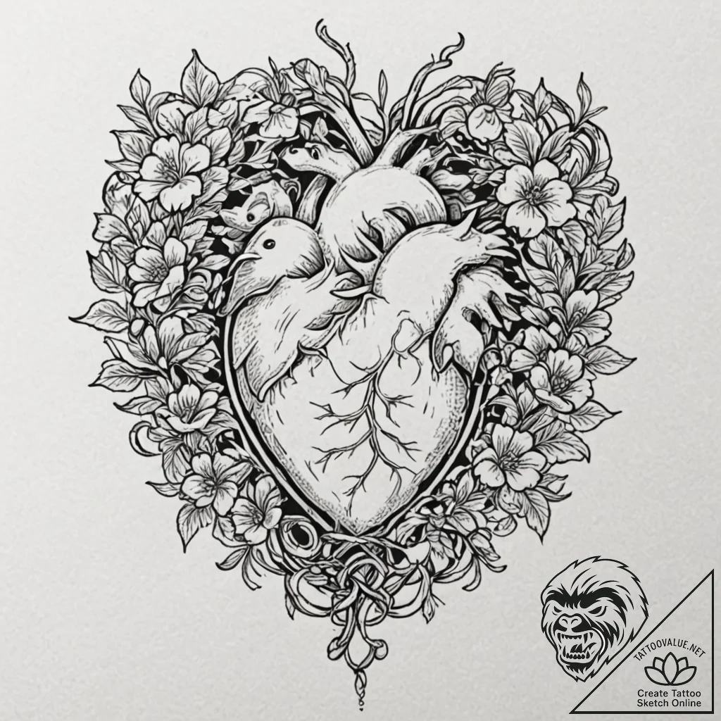 Anatomical heart with vines and flowers, tatt... - tattoo sketch (№1753410521_0, 25.07.2025 02:28) — tattoovalue.net