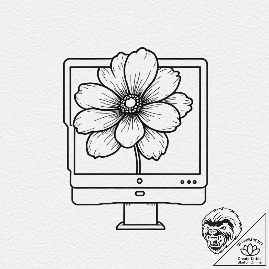 Crt monitor displaying a single, glitchy flow... - tattoo sketch (№1753410932_0, 25.07.2025 02:35) — tattoovalue.net