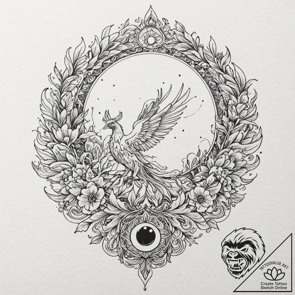 Phoenix eye devouring celestial bloom, tattoo... - tattoo sketch (№1753411340_0, 25.07.2025 02:42) — tattoovalue.net