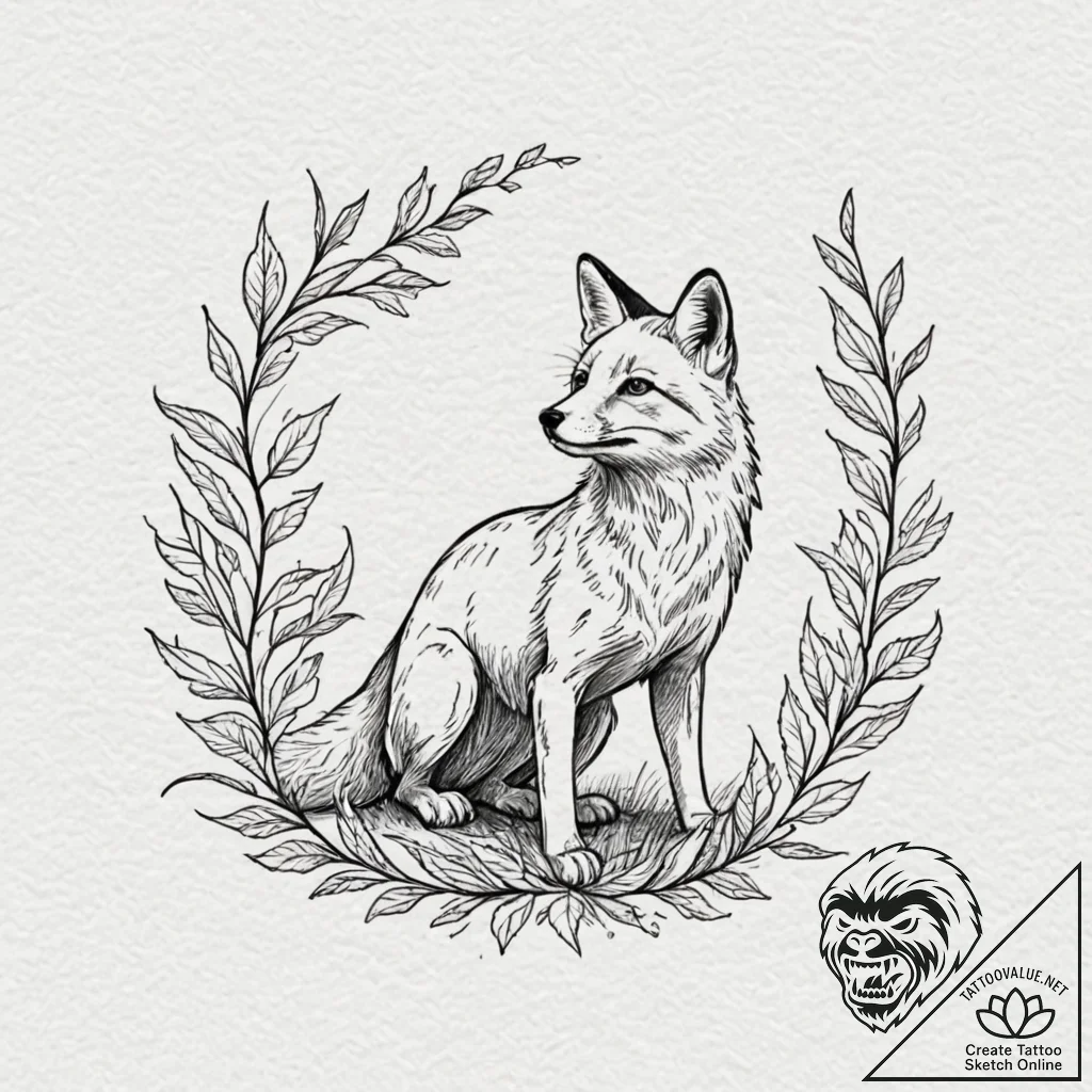 Fox looking up at a single, falling autumn le... - tattoo sketch (№1753411546_0, 25.07.2025 02:45) — tattoovalue.net